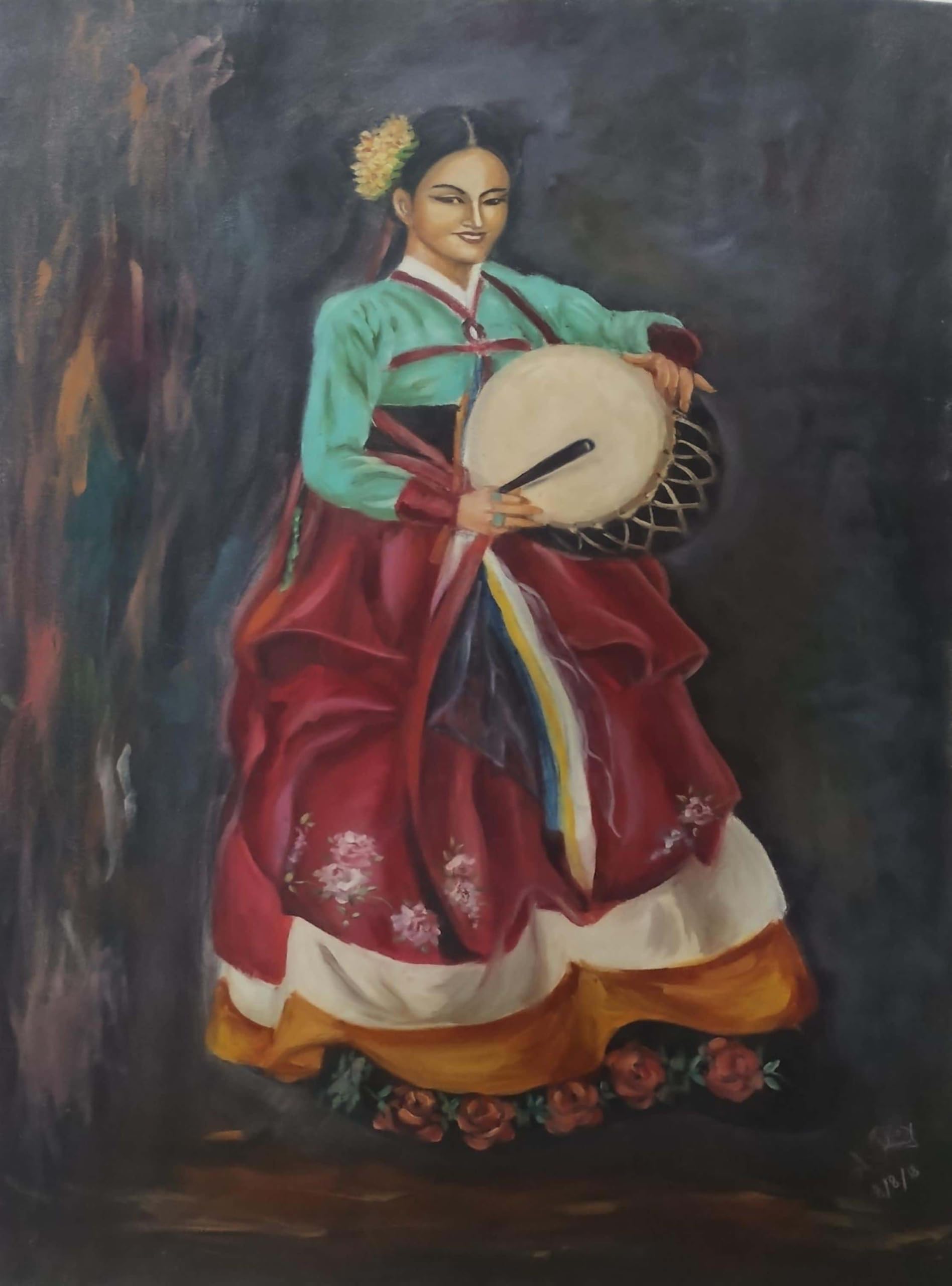 Oil Painting of Korean Woman with Traditional Drum, Colorful Cultural Art