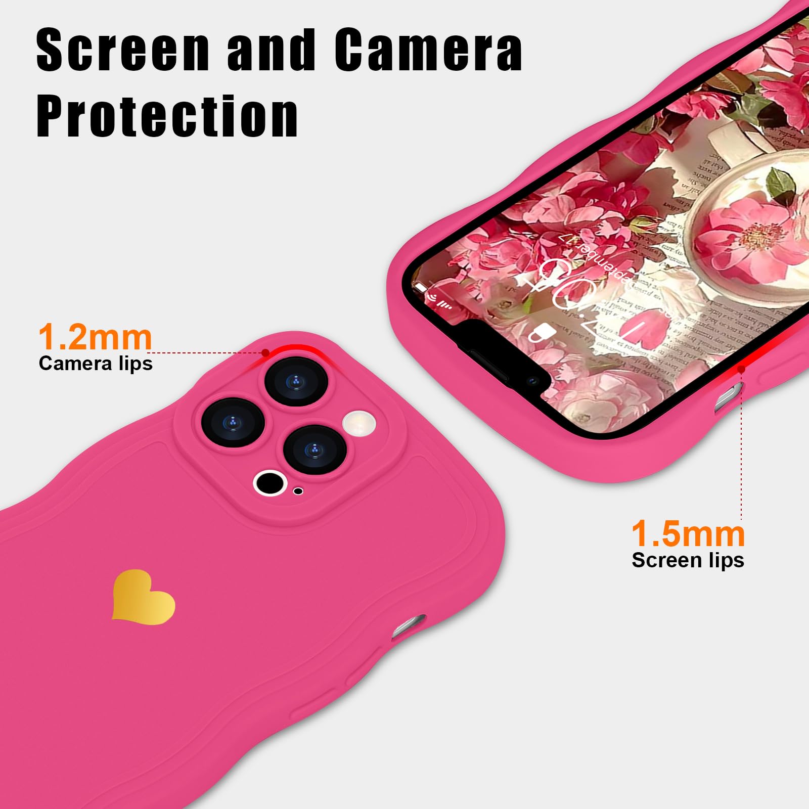 LAPOPNUT for iPhone 13 Pro Max Case,Cute Curly Wave Frame Love Heart Phone Case for Girls Women,Soft Silicone TPU Bumper Shockproof Camera Protective Cover for iPhone 13 Pro Max 6.7 inch,Hot Pink - Image 2
