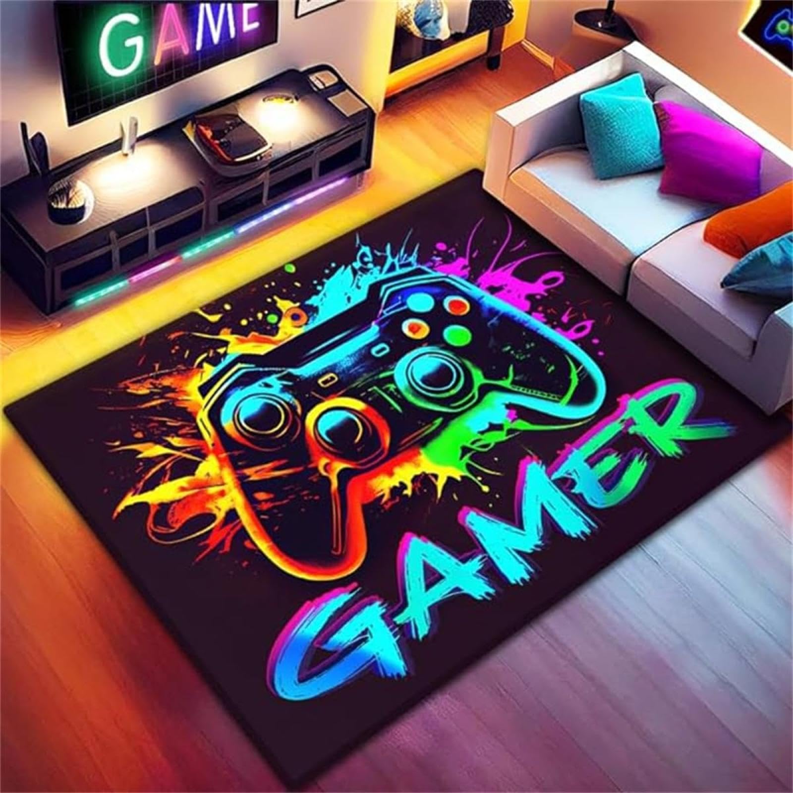 Game Controller Bereich Teppich 230x250cm Kinderteppich 3D Cool Graffiti Gaming Gamer Muster Design für Spielzimmer, Esport-Zimmer und Jungen-Spiel-Themen-Schlafzimmer, rutschfeste Fußmatte