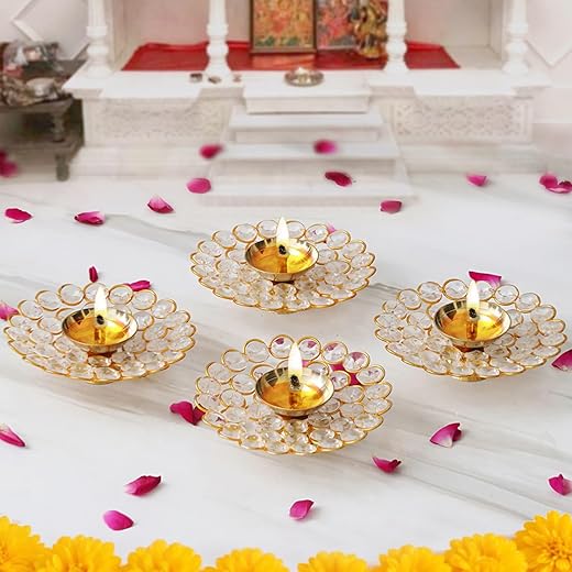 TIED RIBBONS 4 pcs Crystal Floral Shape Diya for Pooja and Home Decorations | Crystal Akhand Diya | Indian Puja Oil Lamp for Home Decor | Return Gifts for Housewarming Indian