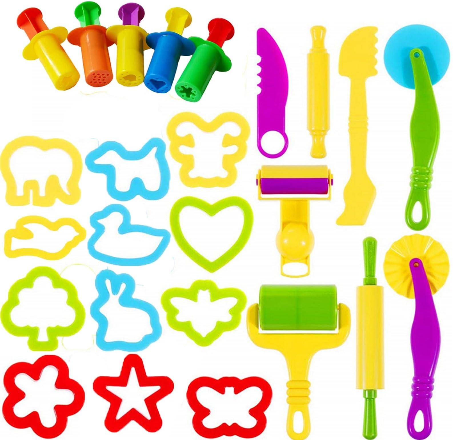 25 Dough Clay Modelling and Extrusion Tools Kit, Creative Dough Clay Rollers Extruders Shape Cutter Animals Molds Pla-stic Playset Dough Clay Accessories Kids Children