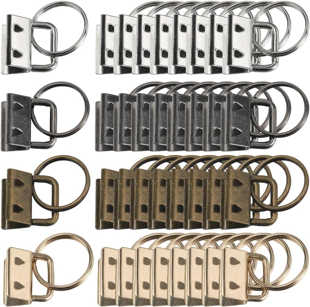 40Pcs 4 Colors Key Fob Hardware Bulk Wristlet Clasp Hardware Iron Colorful Ribbon Ends with Split Rings Metal Keychain Sets for Key Fob Wristlets Lanyards Bags DIY Making Accessories