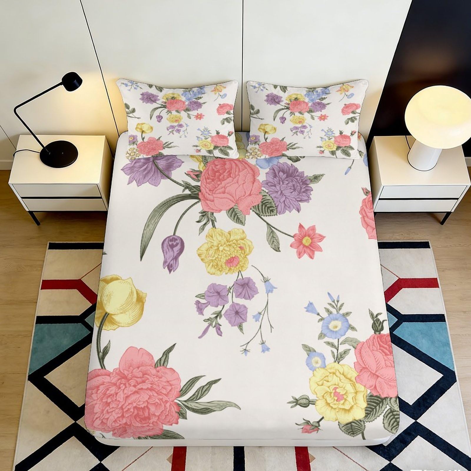 3D Printed Floral Garden Fitted Sheet Microfiber Soft Pastel Blossom Mattress Cover for Bedroom Dorm Mattress Protection Decor 180x200x25cm