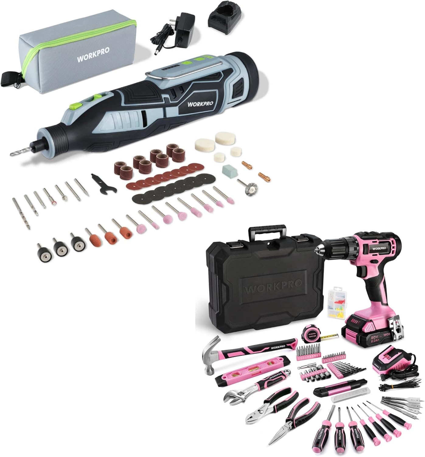 Kit de Herramienta Rotativa Inalámbrica 12V y Taladro Atornillador Rosa 20V WORKPRO