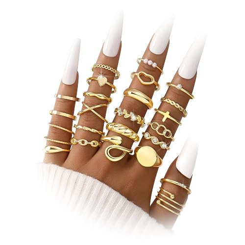 FAXHION 24 Pcs Gold Stackable Rings for Women, Knuckle Rings Chunky Gold Ring Set Dainty Stacking Cute Rings, Multiple Sizes Cute Jewelry Set Gift