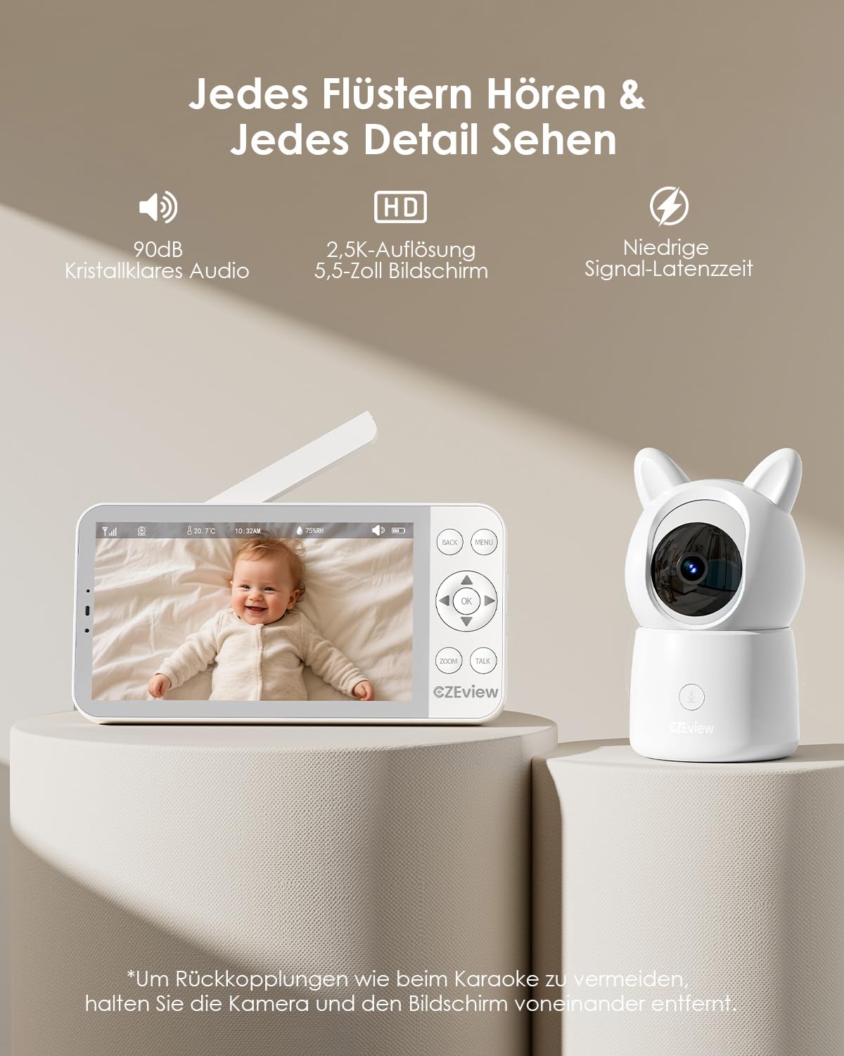 CZEview Babyphone mit Kamera 2,5K & 5,5-Zoll-HD-Großbildschirm, Nachtsicht, 360° WLAN Video Babyfon mit App, Musik & Buntes Nachtlicht, Intelligente Erkennung (Weiß (2 Artikel))