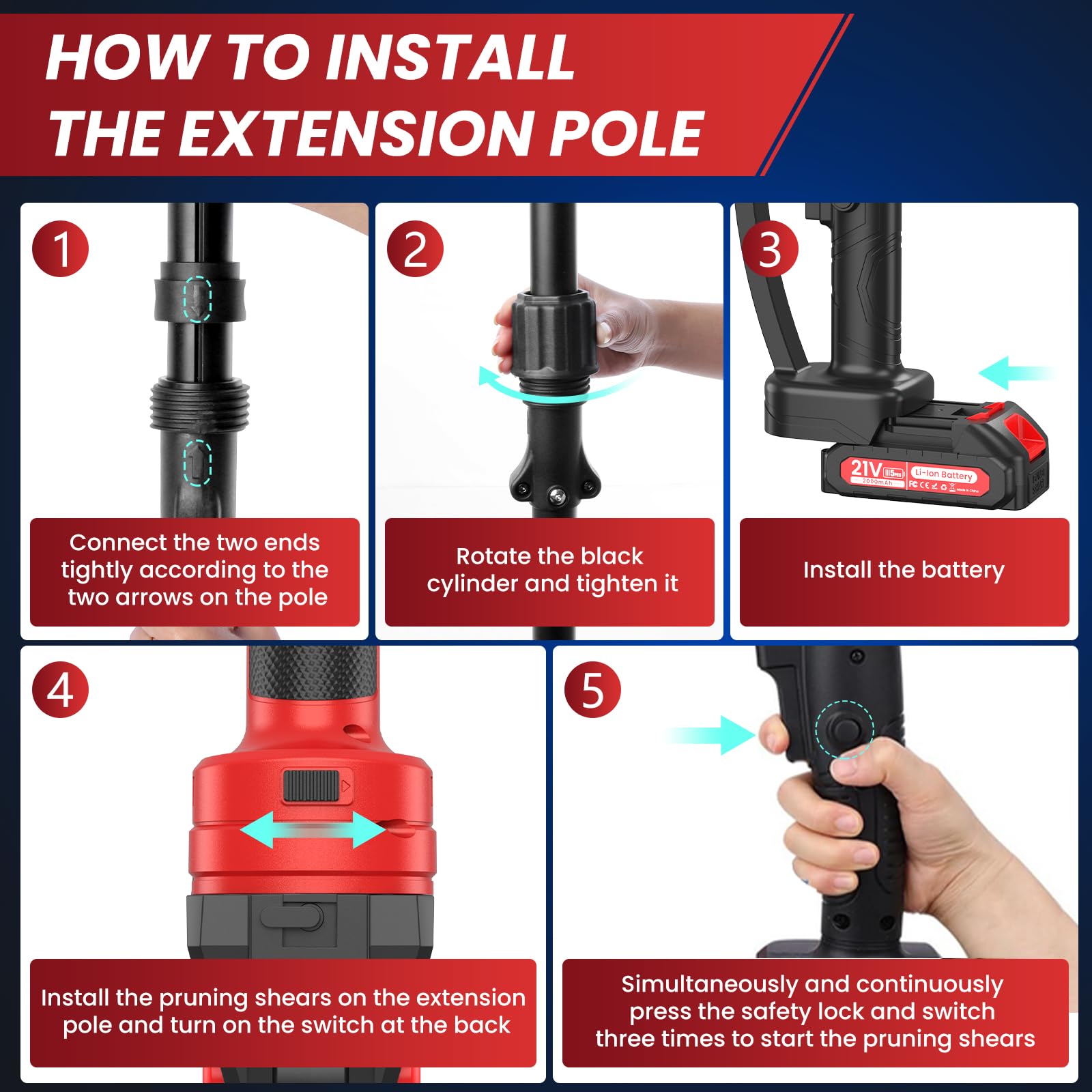 Tijeras de Podar Electricas con Pértiga,40mm 2 en 1 Tijeras de Podar Telescopica Bateria con 21 V 2x 2000 mAh Baterías, Extender 2.5M, Potente Motor sin Escobillas para Jardinería, Arboles Frutales