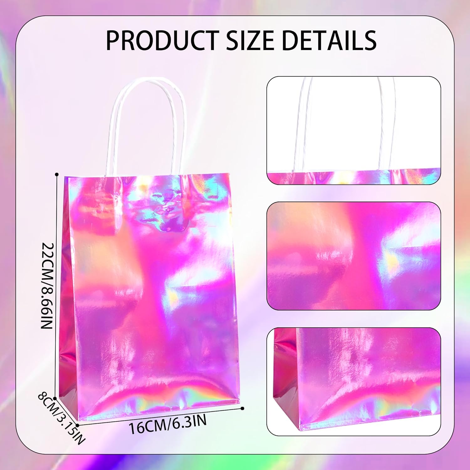 Hitkmi 24 Pcs Holographic Party Favor Bags Bulk, Iridescent Gift Bags, Small Pink Holographic Iridescent Paper Goodie Snack Candy Bags with Handles for Birthday, Baby Shower, Wedding - Image 2