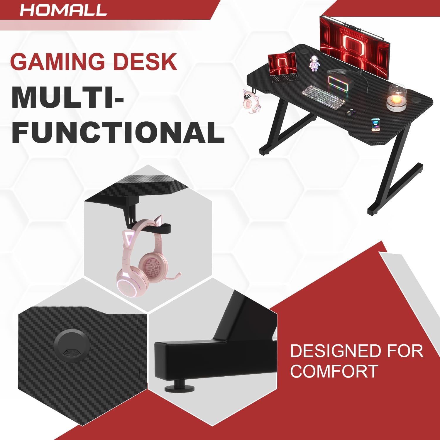 Homall Gaming Tisch 120 x 60 cm, Z-Frame Gamer Schreibtisch mit Kopfhörerhaken & Getränkehalter, Kohlebeschichtung Ergonomischer PC Computertisch, Stabiler Tisch