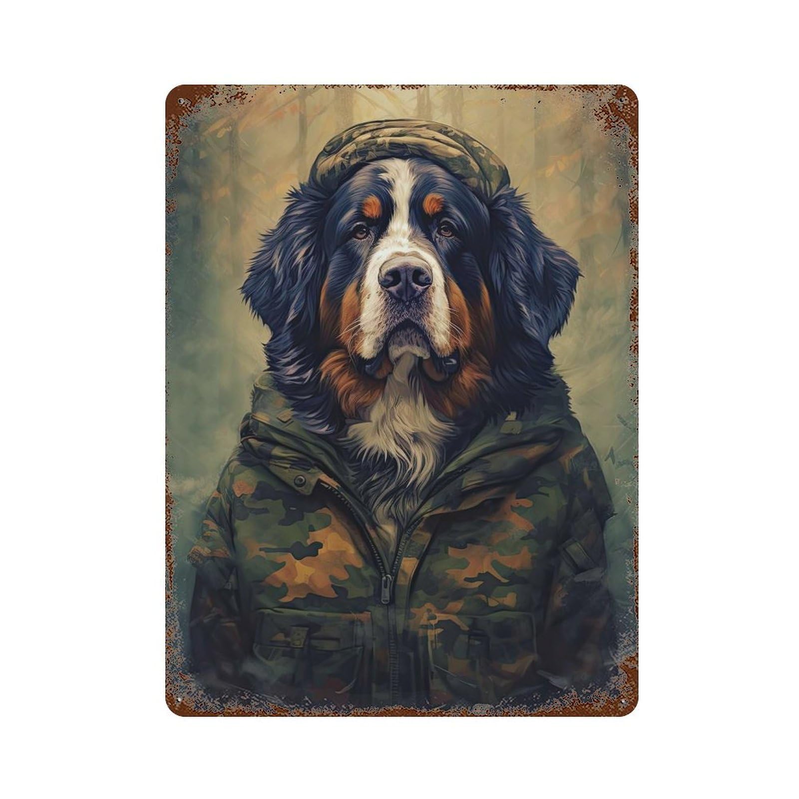 Bernese Mountain Dog Camo 15.7"x11.8" Rusty Metal Tin Sign, Shabby Chic Decor for Bistro, Counter And Cafe Decor