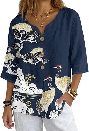Womens Linen Tops 3/4 Sleeve V Neck Work Blouses Casual Lightweight Summer Tunic Shirts Leisure Home Clothing