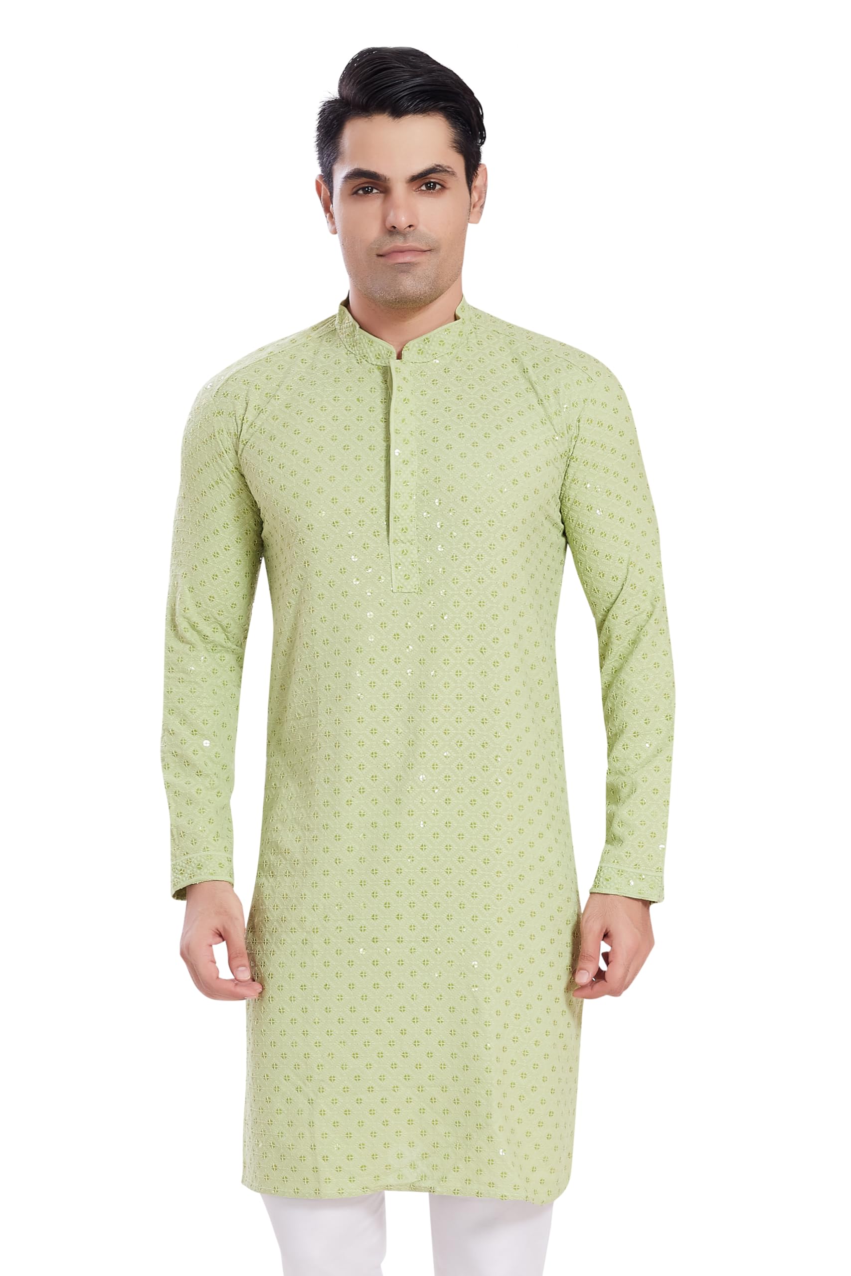 Divisive Men's Sequince Embroidered Cotton Blend Only Slim Fit Kurta (Dkrt526_Xl_Pista)