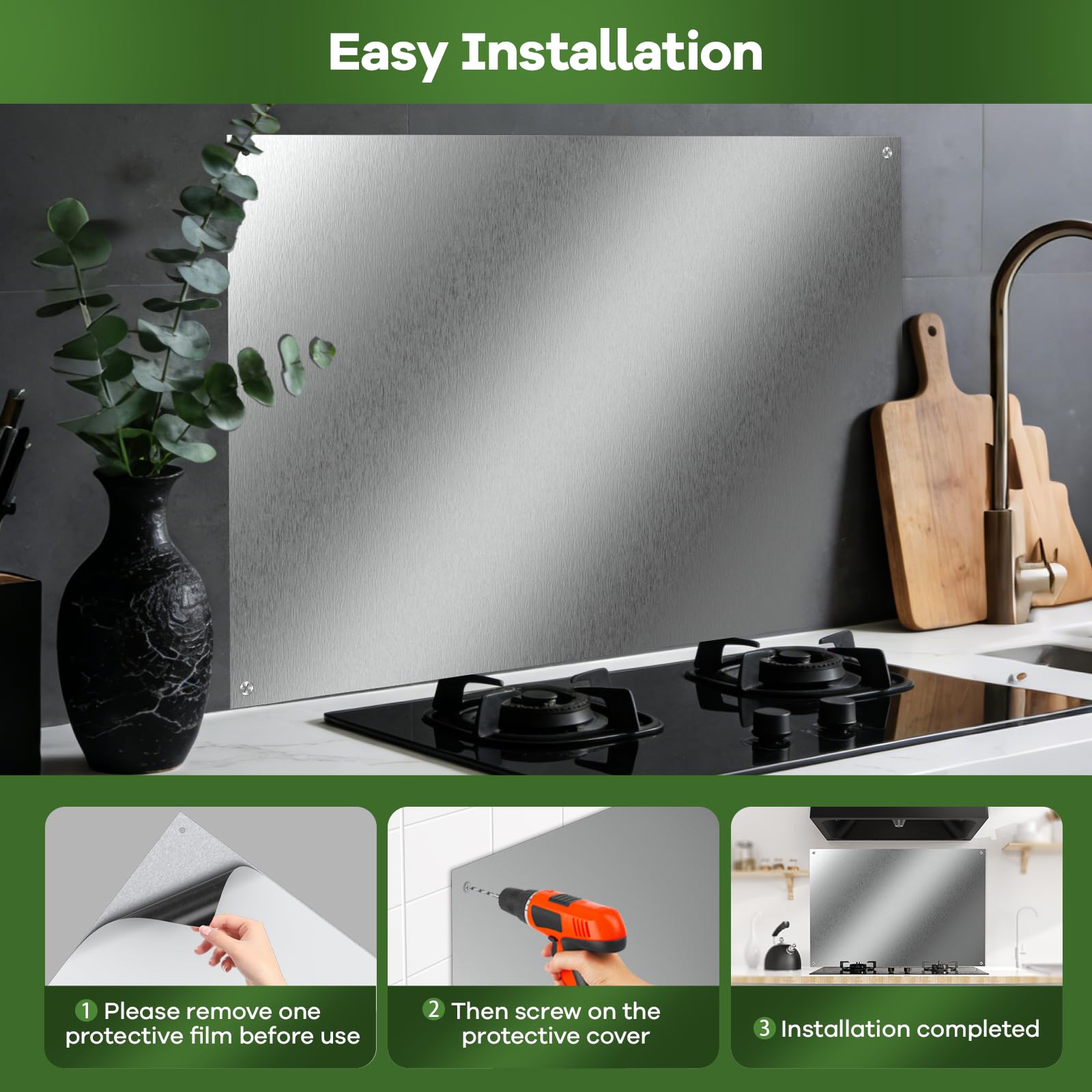 Ultra-Thin & Reversible Stainless Steel Stove Backsplash Panel, 24" x 30" Splatter Guard for Kitchen Wall & Range Hood | Easy Installation with Pre-Drilled Holes & Mounting Screws Included - 4