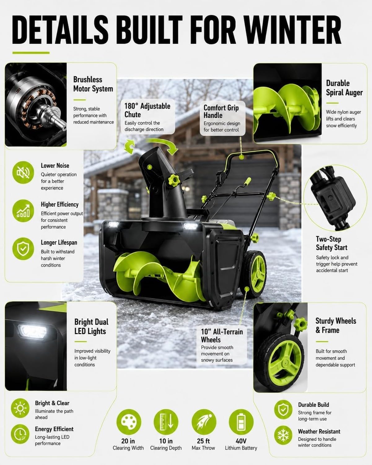 Quitanieves eléctrico inalámbrico 40 V, Ancho 51 cm, Alcance de Lanzamiento 7,6 m, Faros LED Dobles