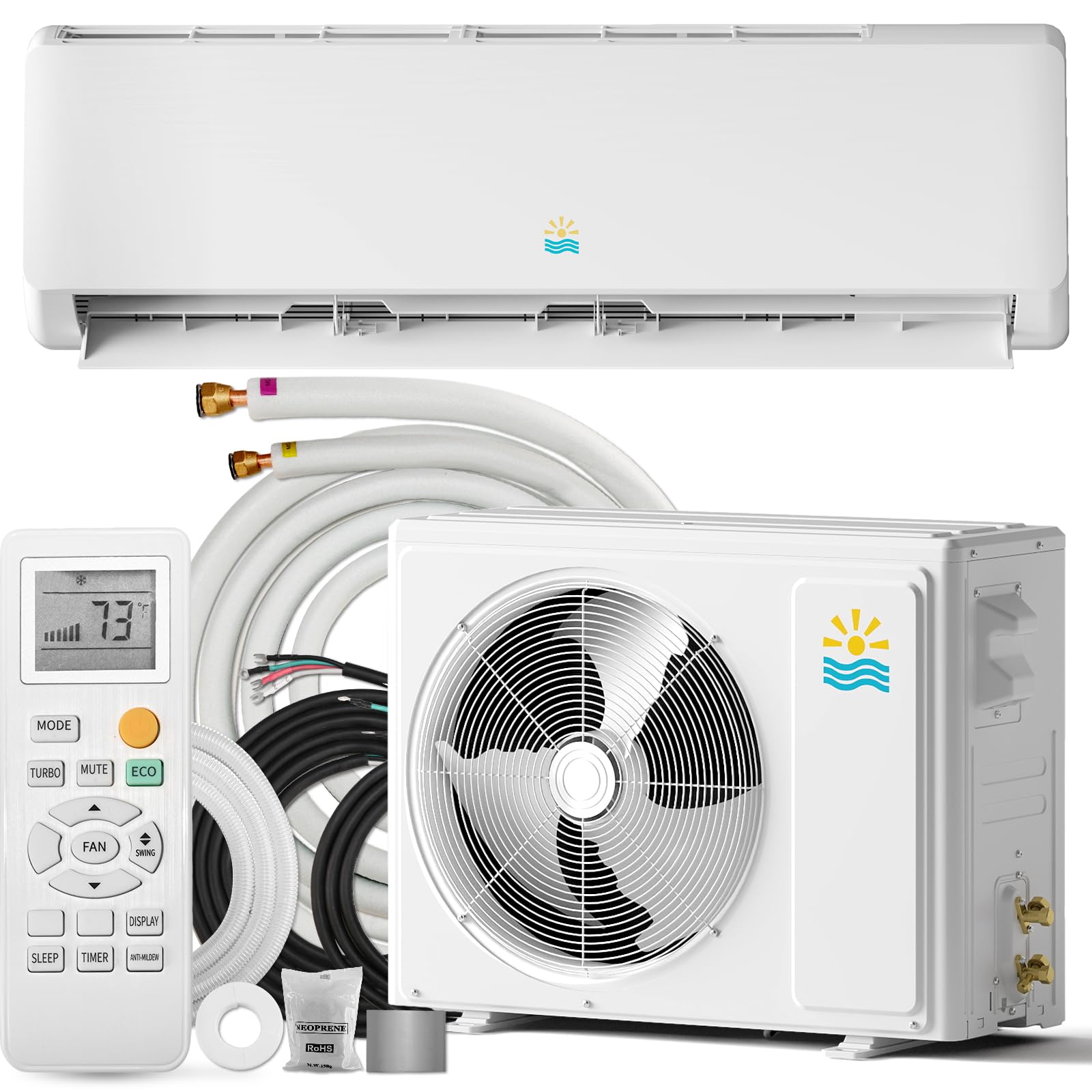 Sistema de calefacción de aire acondicionado minisplit Rellytech de 18 000 BTU, con inversor de calefacción y refrigeración, 230 V, 19 SEER2, unidades de aire acondicionado split sin ductos montadas en la pared, enfría hasta 117 m², kit de instalación con temporizador de 24 horas.