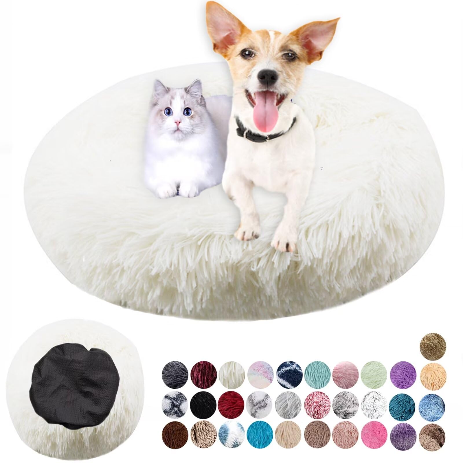 Ryanbem Dog Bed Soft Fluffy Round Dog Houses Calming Pet Beds Plush Anti Anxiety, Anti-Slip Cat Bed Easily Washable Dog Beds Improving Sleeping and Warm, Small Medium Large White 60cm