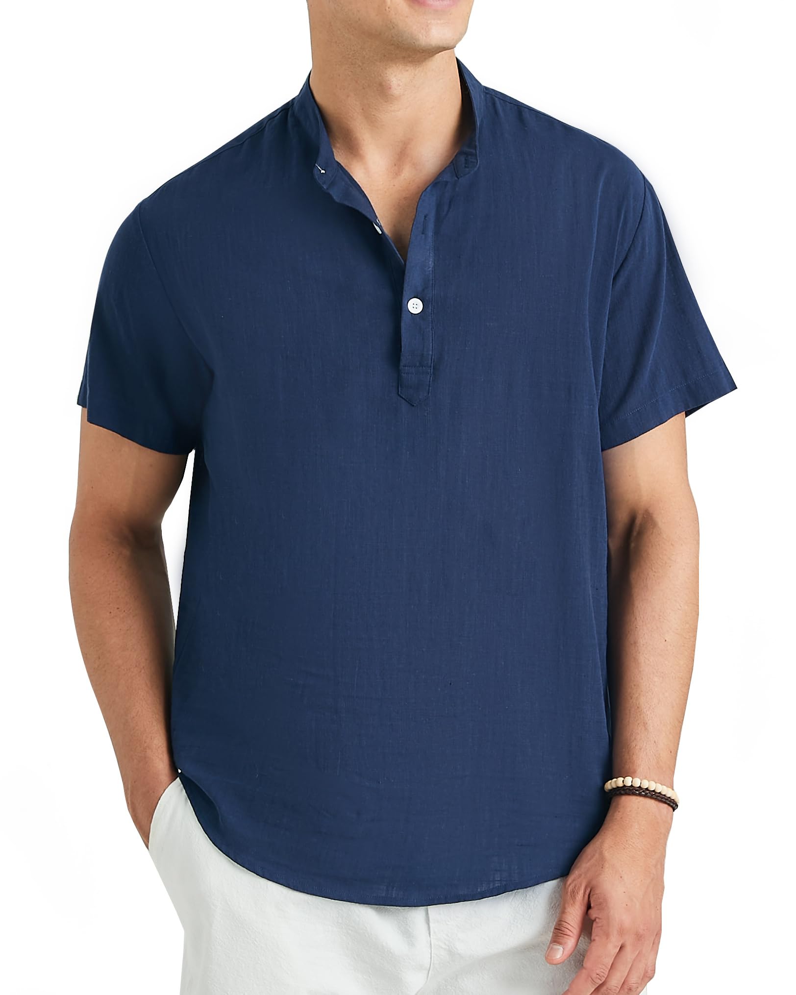 Enlision Camisa Lino Hombre Manga Corta Sin Cuello Camisas Casual para Hombres Informal Verano Henley Color Sólido Camisetas con Botónes Tops S-4XL