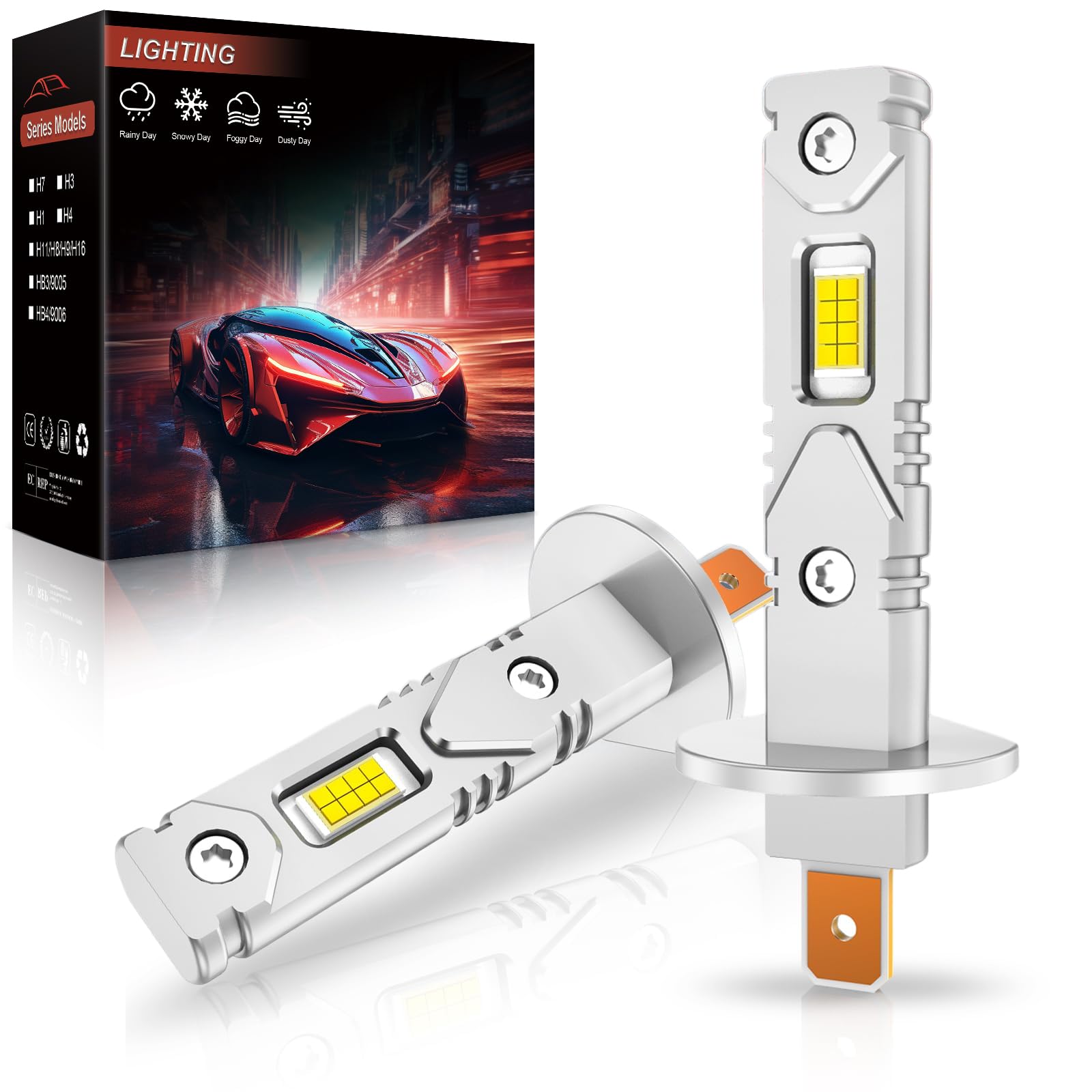 OVVOFPP Lampadina H1 LED per auto e moto, 26000LM 12V 6500K Luce Bianco Freddo CSP LED Chip Lampadina H1 Luci Di Anabbagliamento Luci Da Strada Senza Ventilatore, 2 PZ