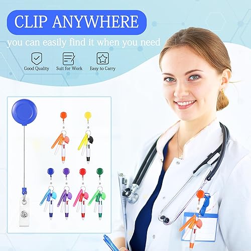 Miniatura 5 de 30 piezas de clip retráctil para bolígrafo de lanzadera con mini resaltador, bolígrafo de insignia de enfermera, marcador de neón, llavero LED, clip