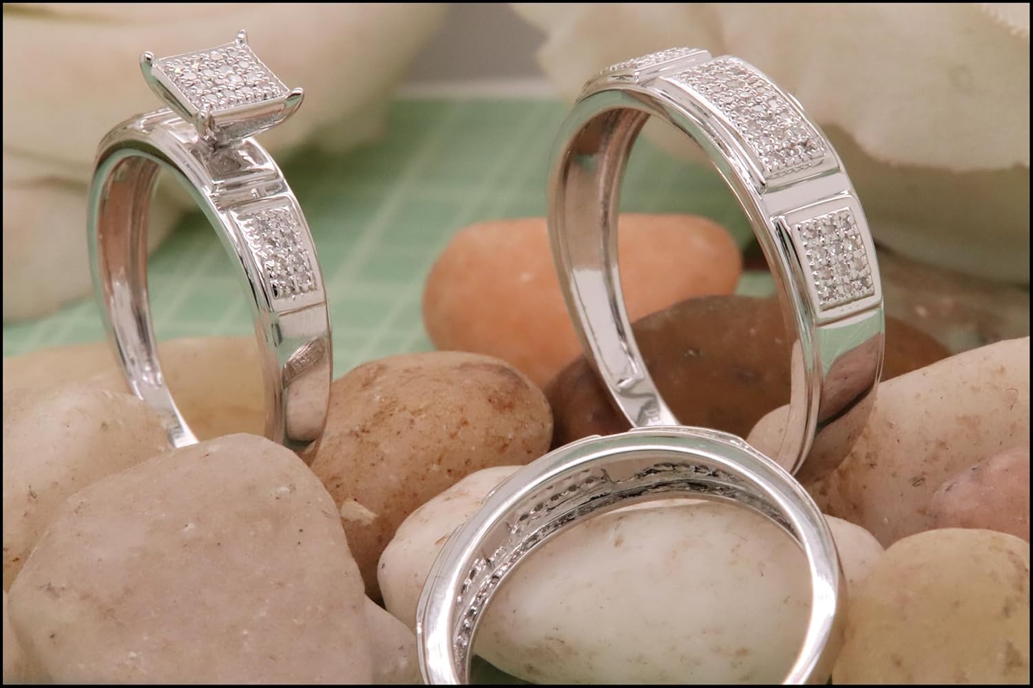 Dazzlingrock Collection Round White Natural Diamond Square Head Cluster Wedding Trio Ring Set for Him & Her (0.33 ctw, Color I-J, Clarity I2-I3) in 10K Real Solid Gold