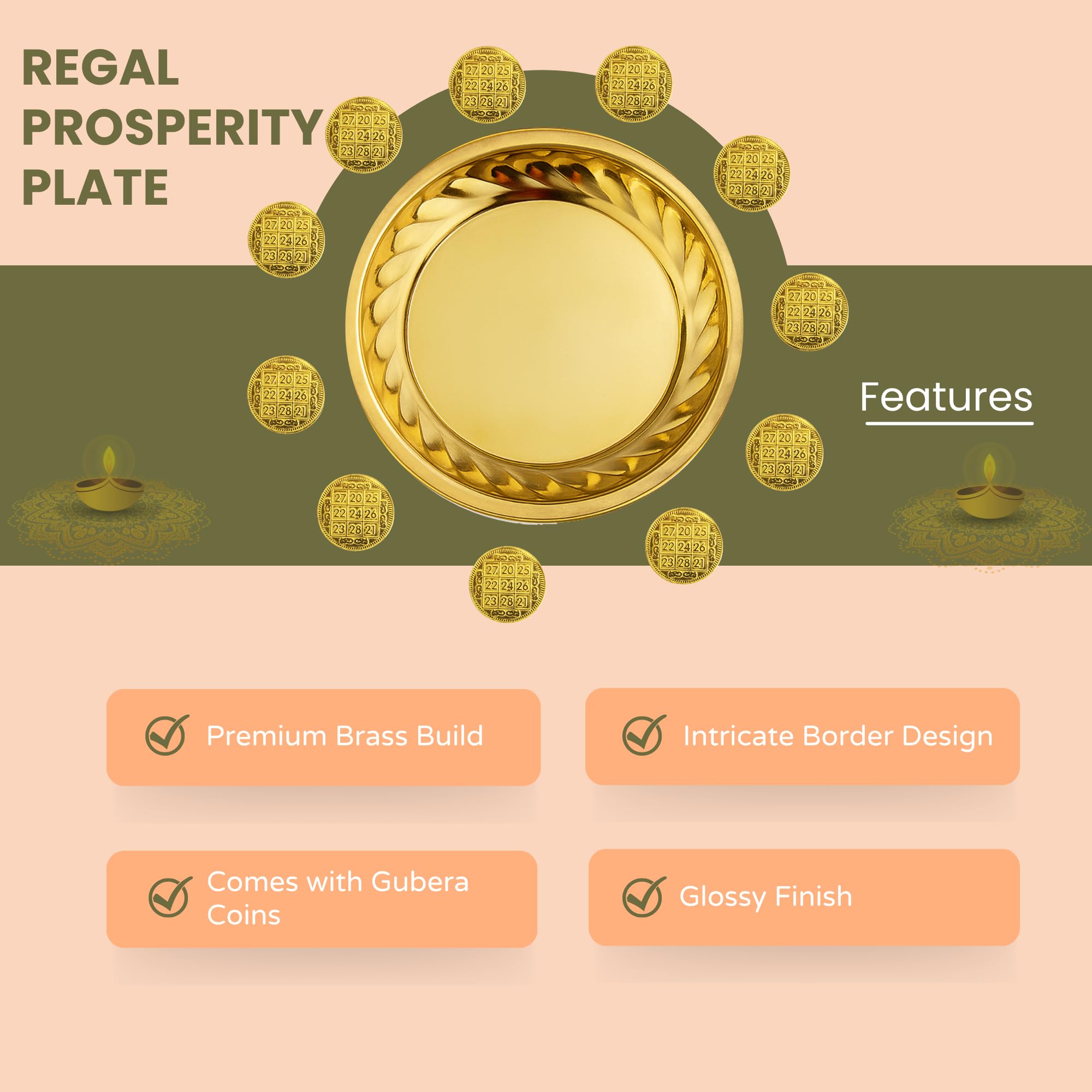 Putrika Brass Plate with 11 Kuber Coins for Pooja|Puja Lakshmi Kubera Coin Set for Wealth|Prosperity & Vastu | Diwali Pooja Items for Mandir, Home|Gift Décor-Bobby Plate with 11 Yantra Guber Coins 3