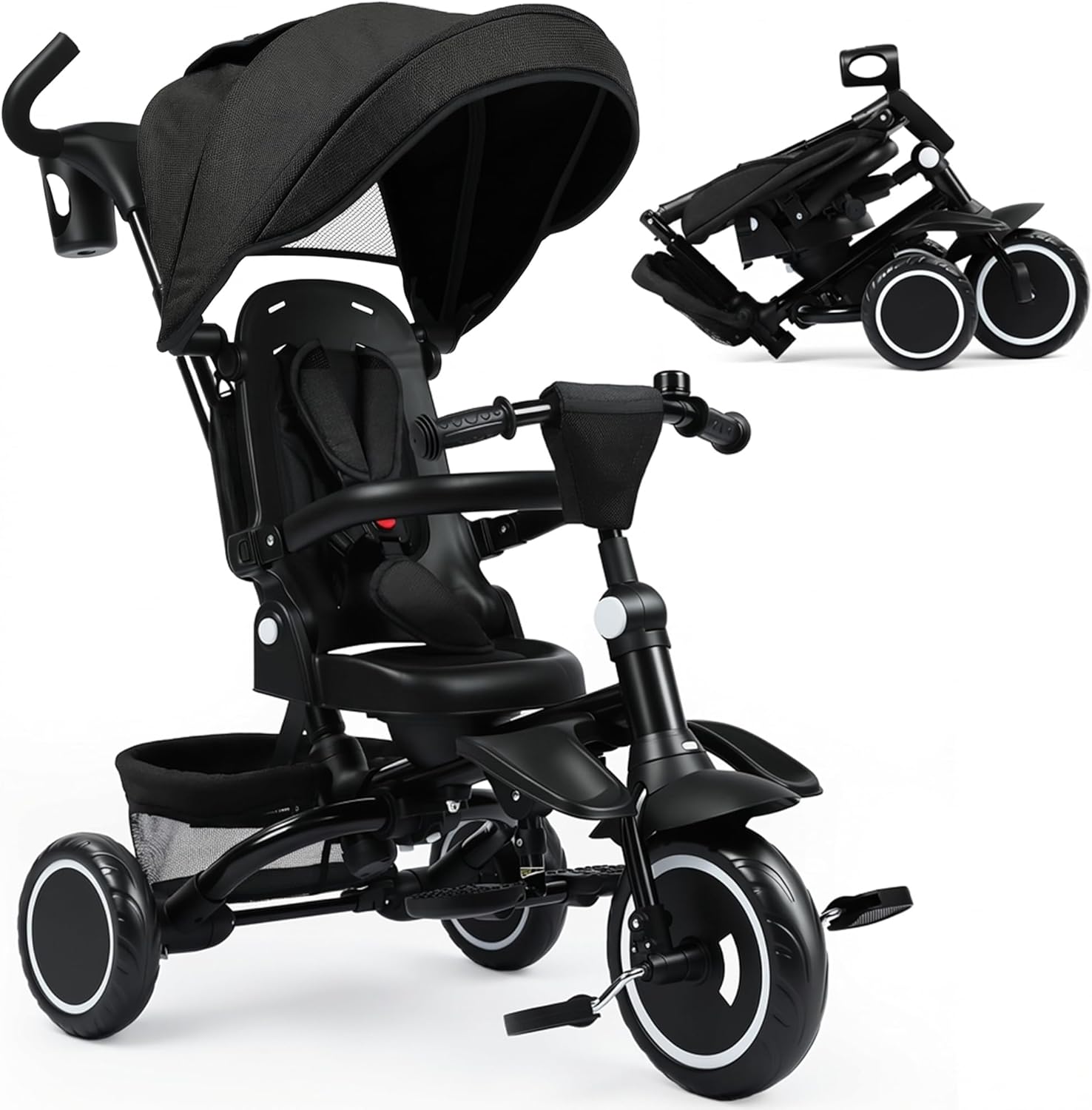 TODEFULL Folding Kids Tricycle, 8 in 1 Toddler Trike W/Removable & 1 Step Brake, Adjustable Canopy, Parent Handle, 5-Piont Harness, Toddler Bike Tricycle for Kids 1-6 Years, Storage Basket, Black