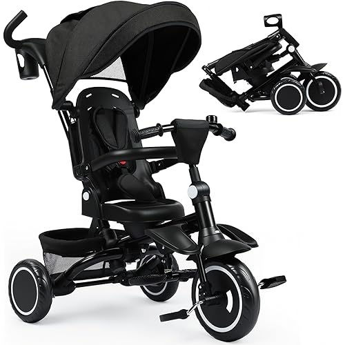 Folding Kids Tricycle, 8 in 1 Toddler Trike W/Removable & 1 Step Brake, Adjustable Canopy, Parent Handle, 5-Piont Harness, Toddler Bike Tricycle for Kids 1-6 Years, Storage Basket, Black