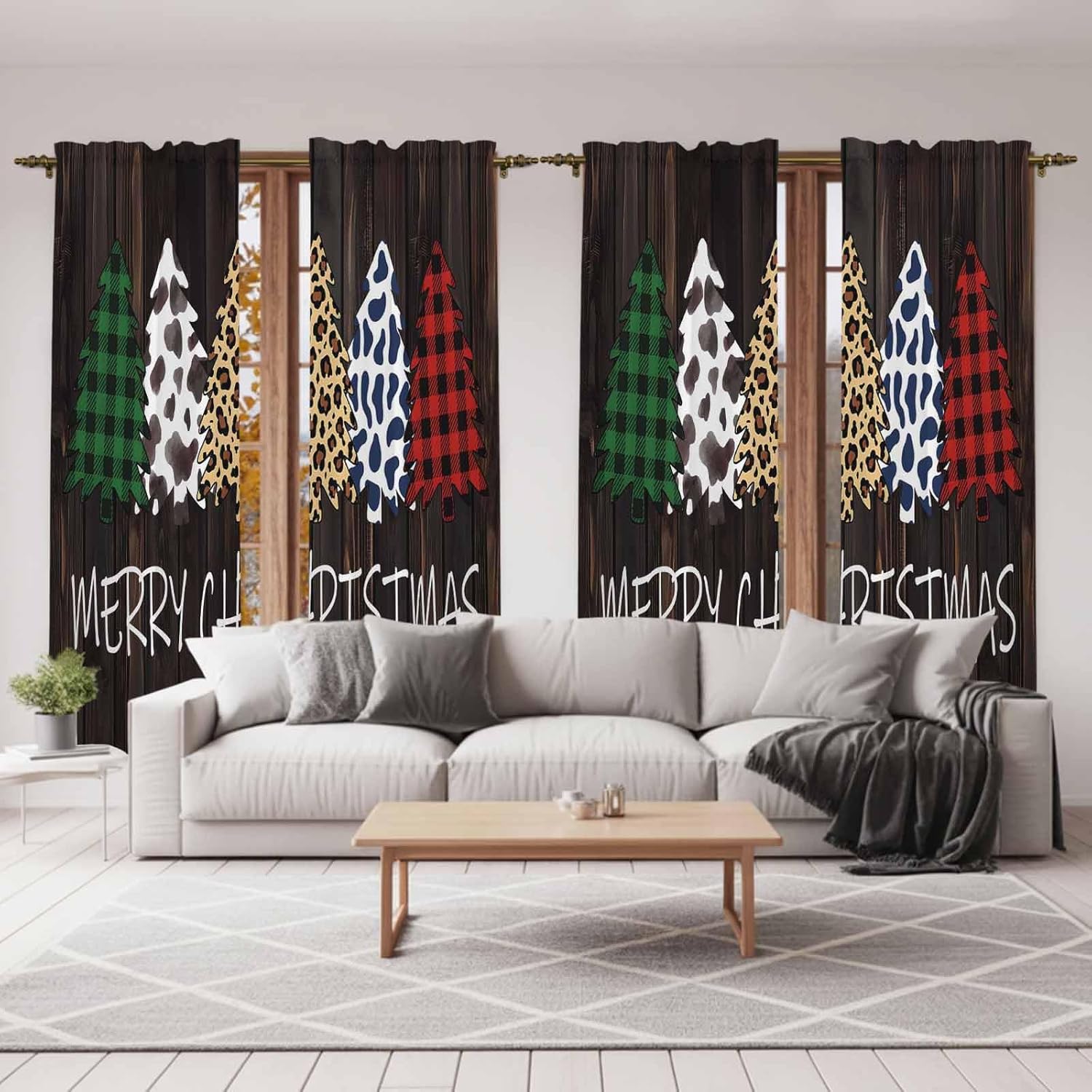 Christmas Tree Window Curtains 72 Inch Long 2 Panel Set, Rod Pocket Long Curtains & Drapes, Cow Leopard Print Plants Wooden Grain Light Filtering Window Treatment for Bedroom Living Room 52"W x 72"L