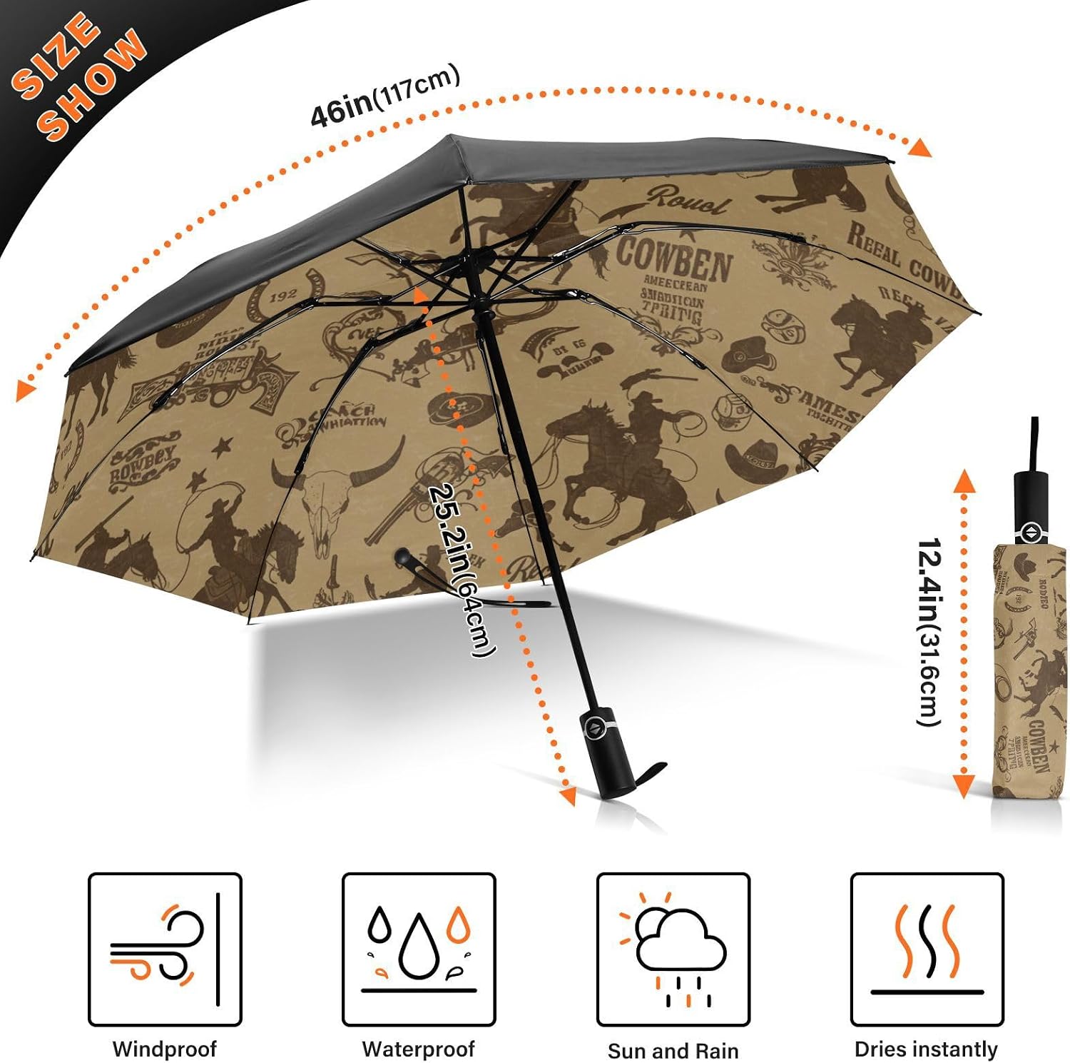 Western Cowboy Horse Hats Umbrellas for Rain Travel Umbrella Compact Folding Lightweight Portable Automatic Umbrella