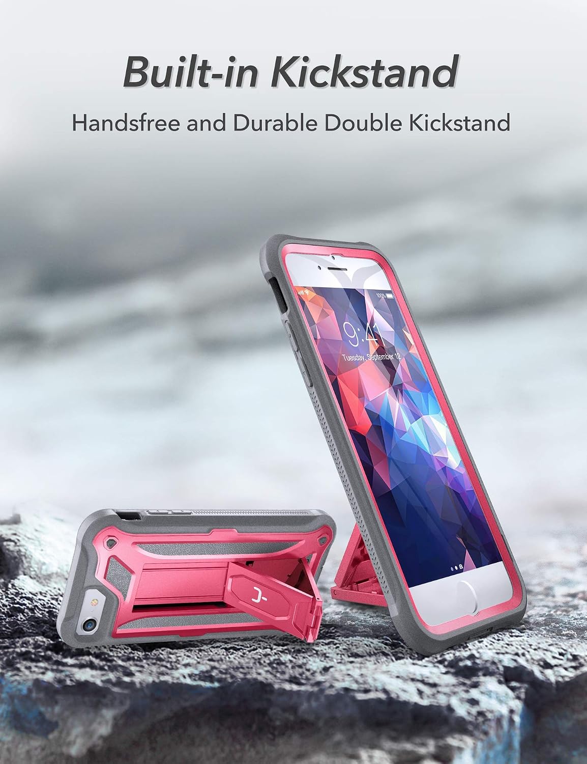 YOUMAKER [2021 Upgraded iPhone SE 2020 Case, iPhone 8 Case, iPhone 7 Case, Built-in Screen Protector Kickstand Full Body Heavy Duty Shockproof Cover for iPhone SE & iPhone 8/7 4.7 inch - Pink/GY