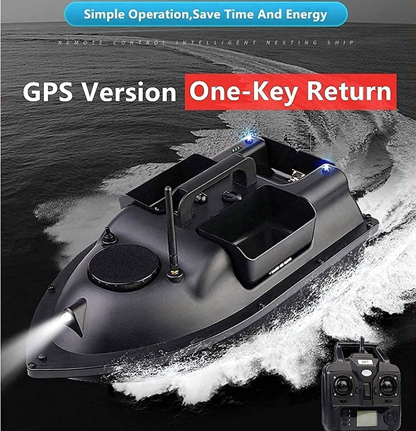 Barco de cebo RC con control de crucero GPS, batería de 12000 mAh, 3 compartimentos de cebo independientes, luz nocturna para pesca
