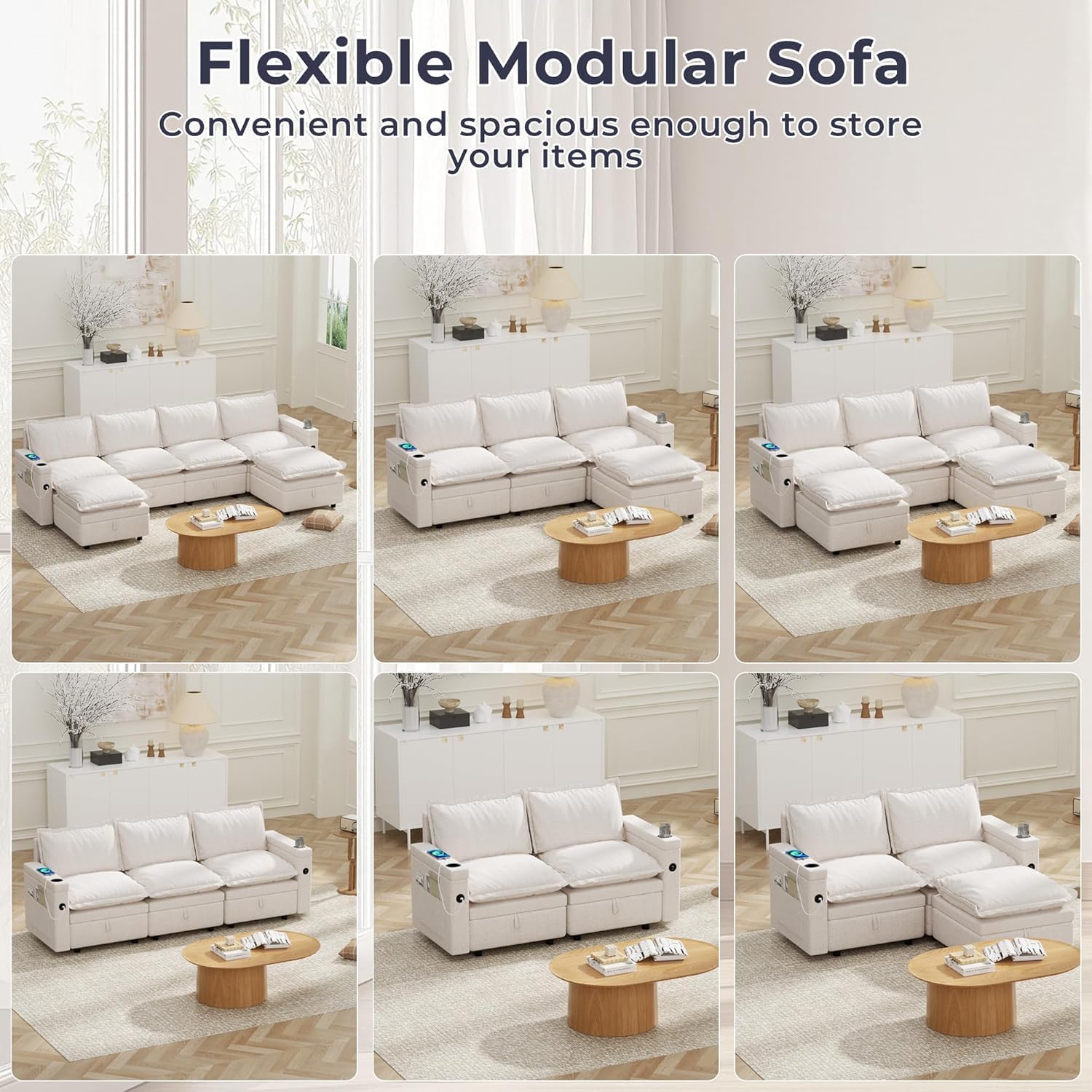 Middle Module for Modular Sectional Sofa, Convertible Sectional Sofa Couch with Storage, Sing Seat Accent Armless Chair, DIY Combination, Beige Chenille