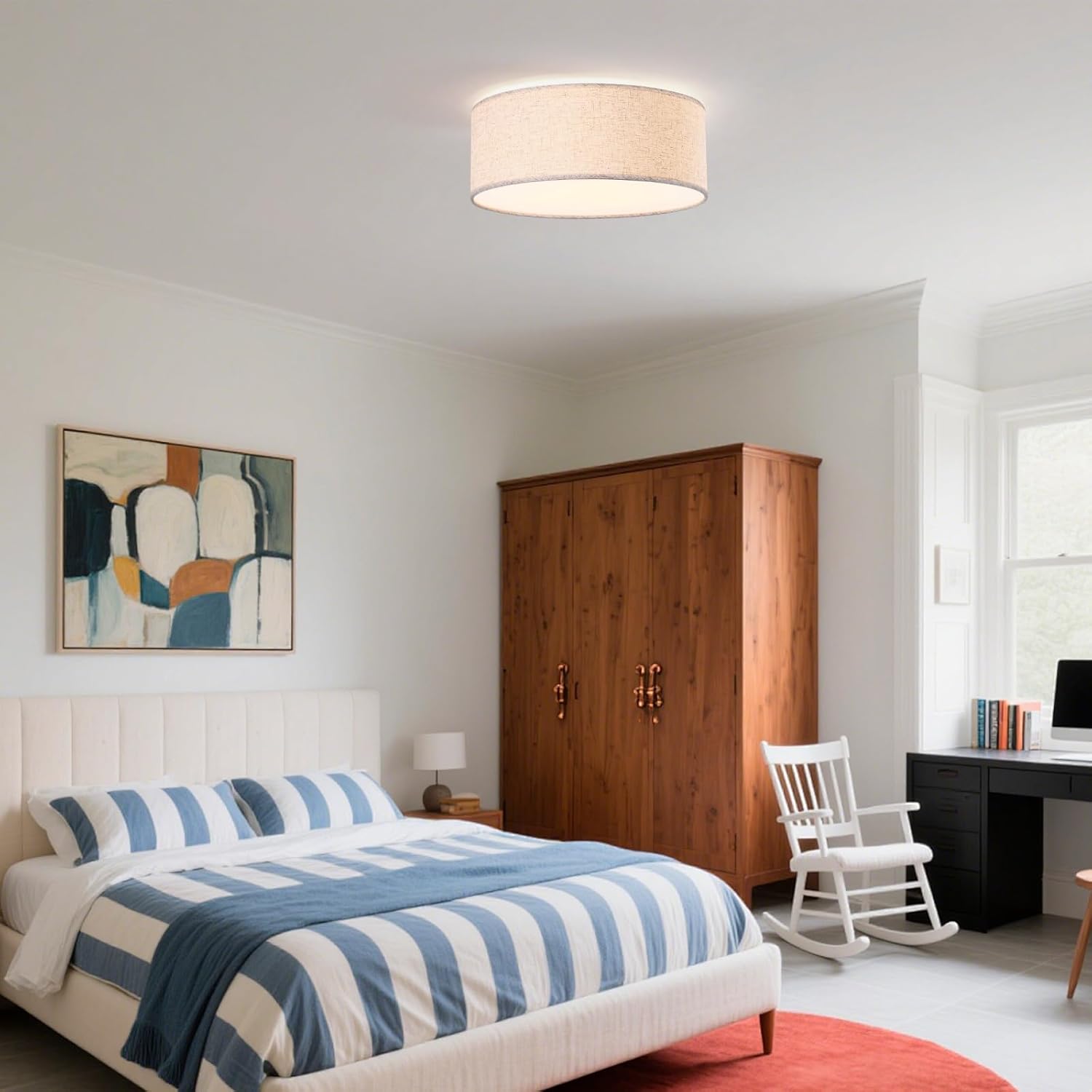 15.7-inch Modern Ceiling Light with Natural Linen Shade, Three-Light recessed Drum Fixture, UL-Certified for bedrooms, Kitchens, Living Rooms, hallways, and porches.