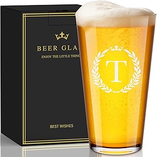 Personalized Beer Glasses Gifts for Men, 16 oz Pint Glasses Monogrammed A-Z Drinking Glass Cups Customized Gift, Unique Christmas Anniversary Birthday Gifts for Men Him Dad Brother Husband Grandpa (T)