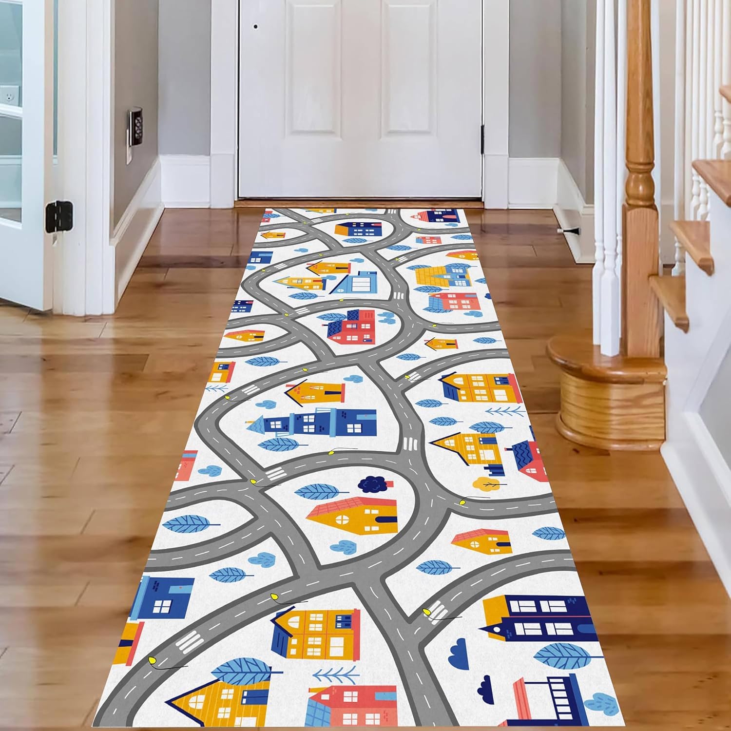 Kuluoits Traffic Road Runner Rug, 80x300cm Cartoon City Play Mat With Road Tracks, Educational Hallway Carpet for Boys and Girls, Washable Non-Slip Durable Kids Bedroom Game Room Toy Mat