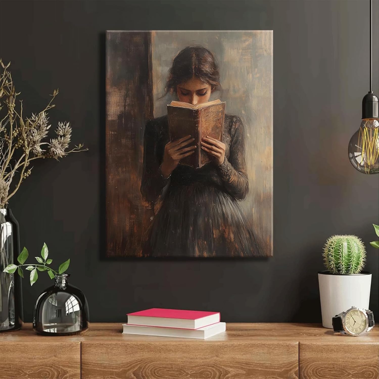 Victorian Feminine Reading Canvas Wall Art Dark Academia Wall Decor pictures Vintage Book Poster Prints Bookish Woman Portrait Painting Gothic Artwork for Girls Bedroom gallery decoration,12x16in - Image 3