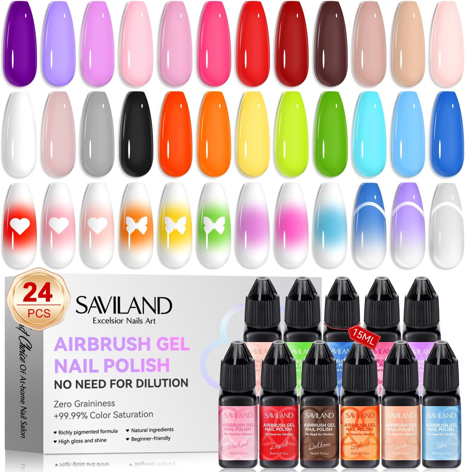 Airbrush Gel Nail Polish: Dilution-Free 24 Colors Airbrush for Nails Non-Acetone for Gradients Nails Blush Nails Layered Nail Art Various Pattern High Color Saturation for Home Salon Kit