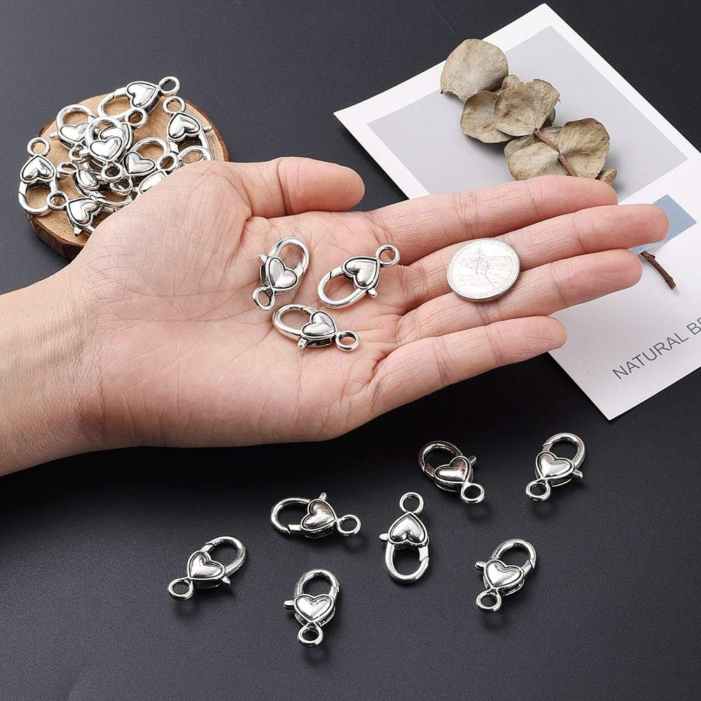 KISSITTY 30-Piece Lobster Claw Clasps Antique Silver Large Heart Fastener Hook Trigger Clasps for Bracelets Charm DIY Jewelry Making, 27x13.5mm Tibetan Alloy
