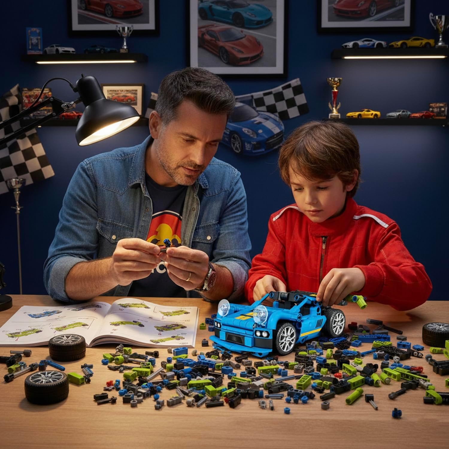The completed SEMBO Technic 911 Carrera RS model car, blue with yellow stripes, displayed on a race track.