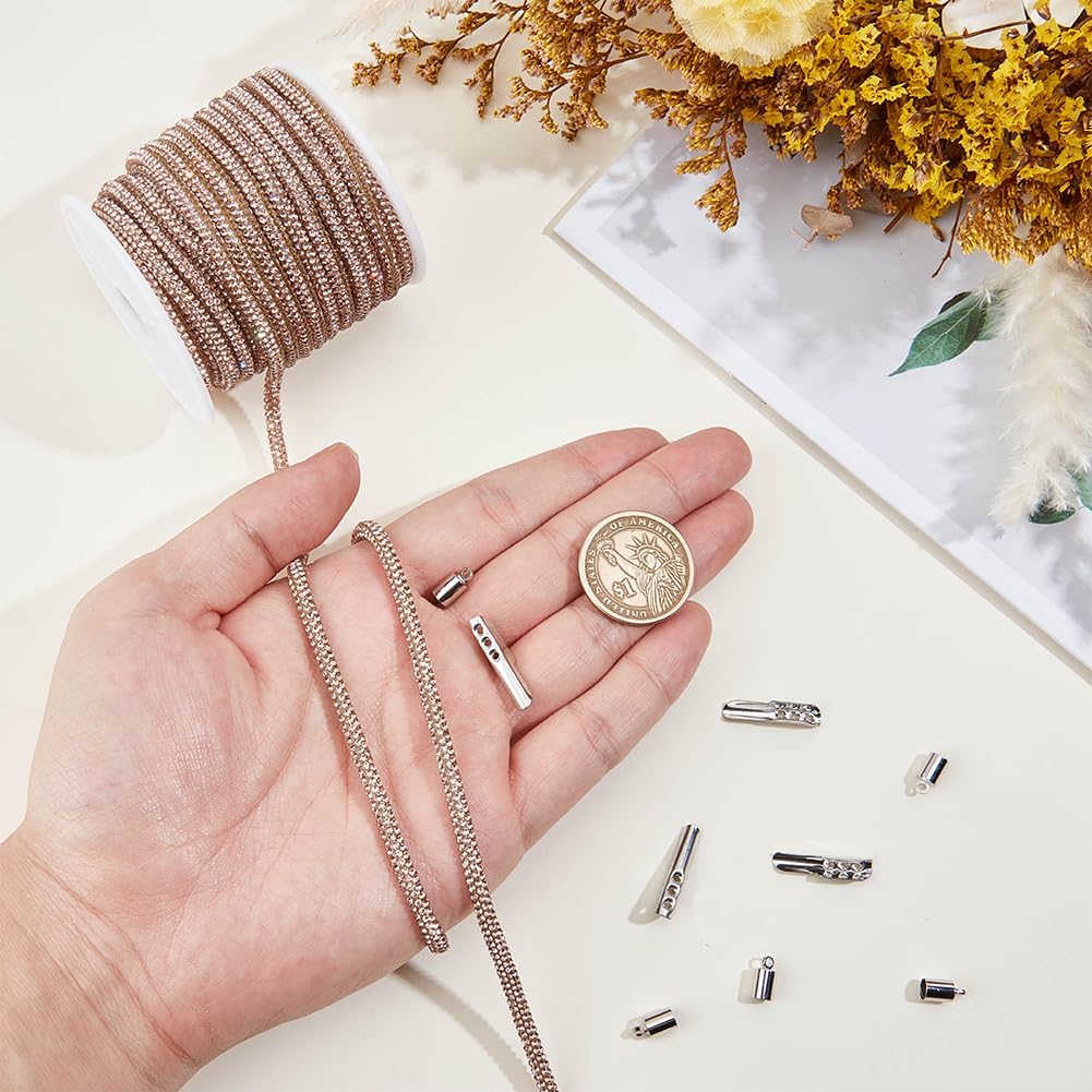 GORGECRAFT 10m*4mm Rhinestone Tube Rope Trim Champagne Crystal String Chain Kit with 20Pcs Iron Cord Lock Ends 20Pcs Brass Cord Ends for DIY Drawstring Clothes Shoes Decorations