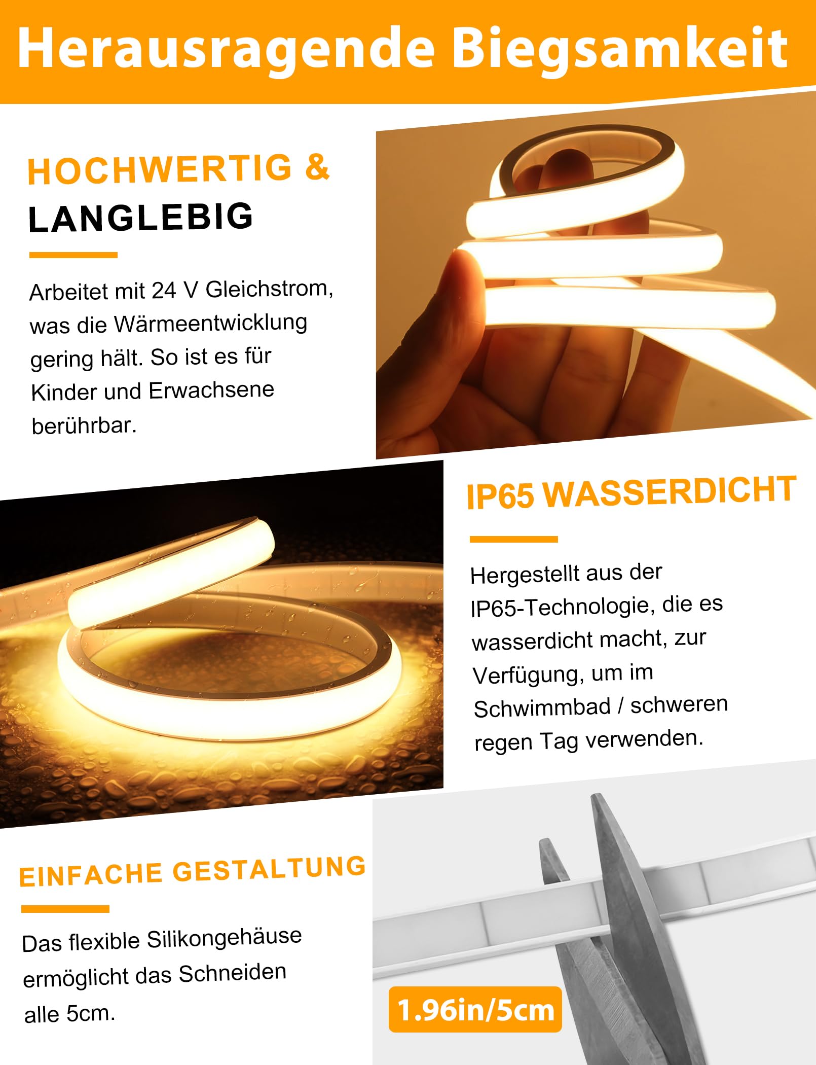 Lamomo Striscia LED COB bianco caldo, dimmerabile, 2 m, impermeabile, 3000 K, con telecomando, in silicone, flessibile, per camera da letto, interni ed esterni, cucina, decorazione fai da te, CRI90+