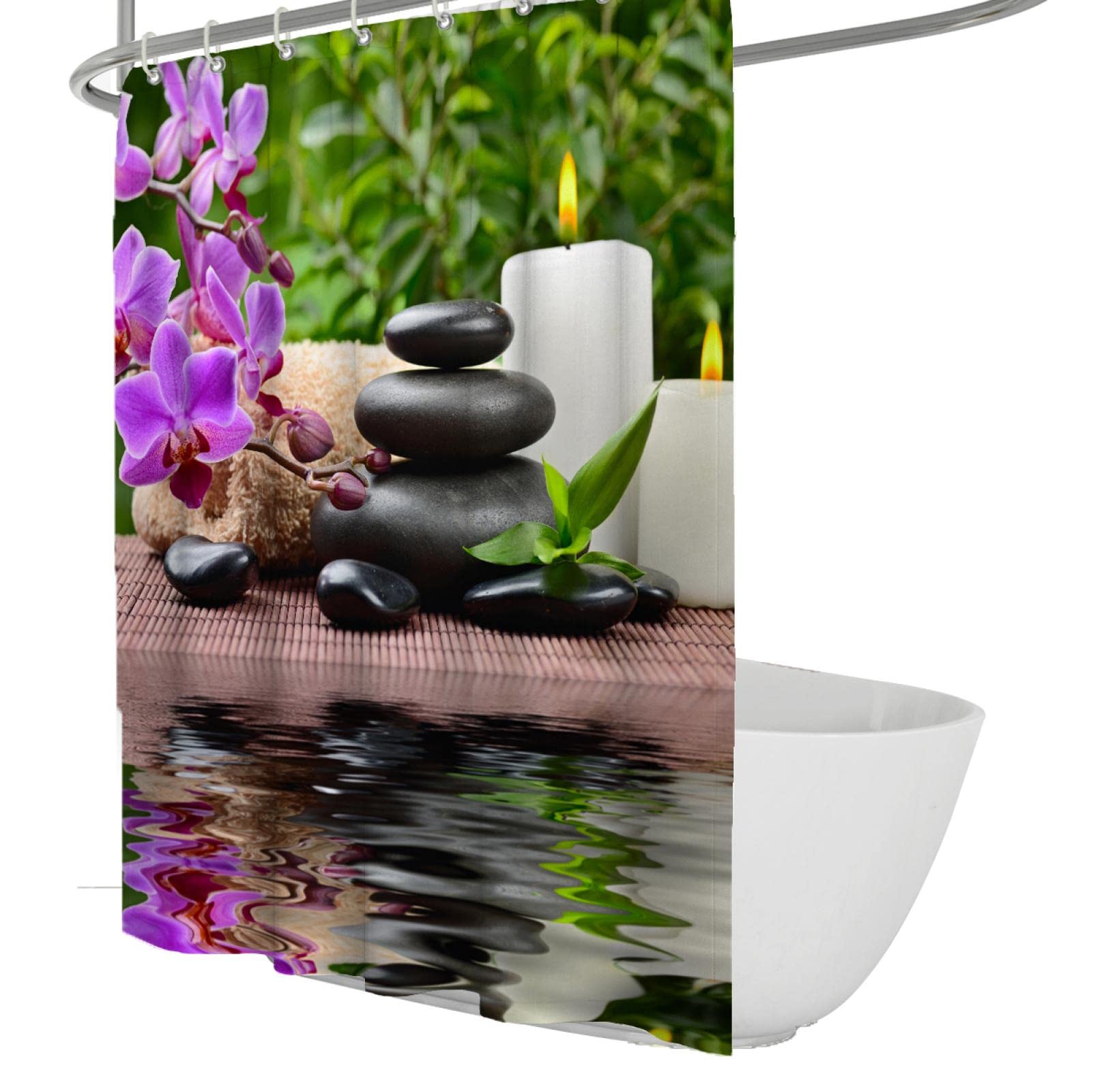 Zen Spa Lotus Zasłona prysznicowa Kamienie bazaltowe Ziołowe Olejek Zapachowy Świece Bambus Woda Japońska Medytacja Home Decor Wodoodporny zestaw W220 x L200 cm Kurtyna prysznicowa
