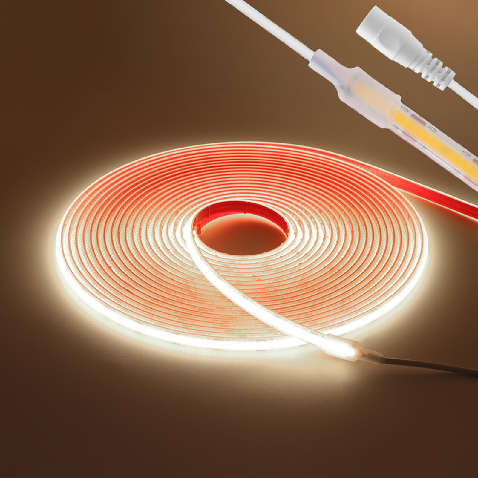 Taśma świetlna LED 12 V COB 7 m ciepła biel 3000 K IP68 wodoodporna elastyczna łańcuch świetlny 320 diod LED/m CRI90+ możliwość cięcia co 2,5 cm, idealna do dekoracji wnętrz, zasilacz nie jest