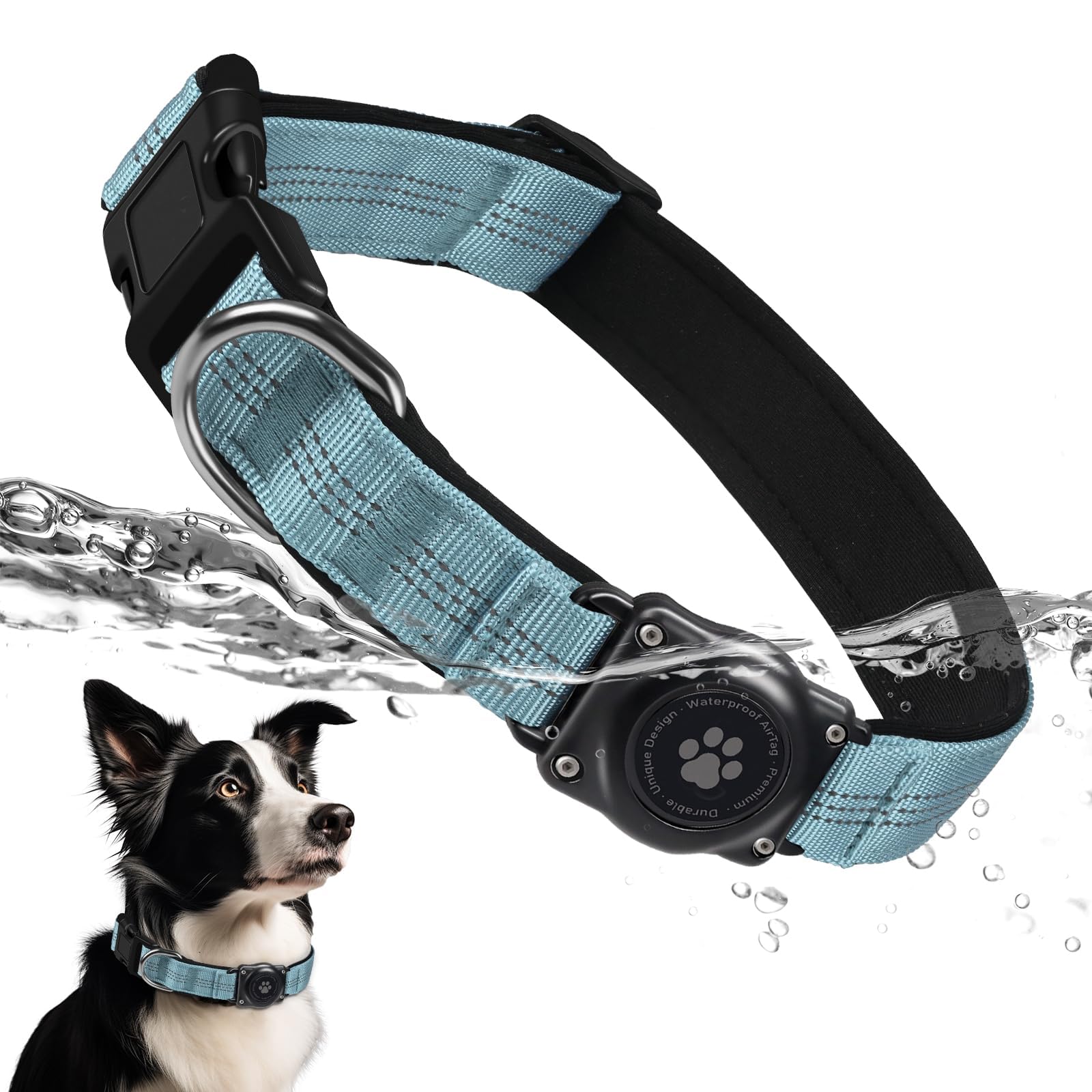 Upgrade Dog Collar with AirTag Holder, IP68 Waterproof, Light Blue, M