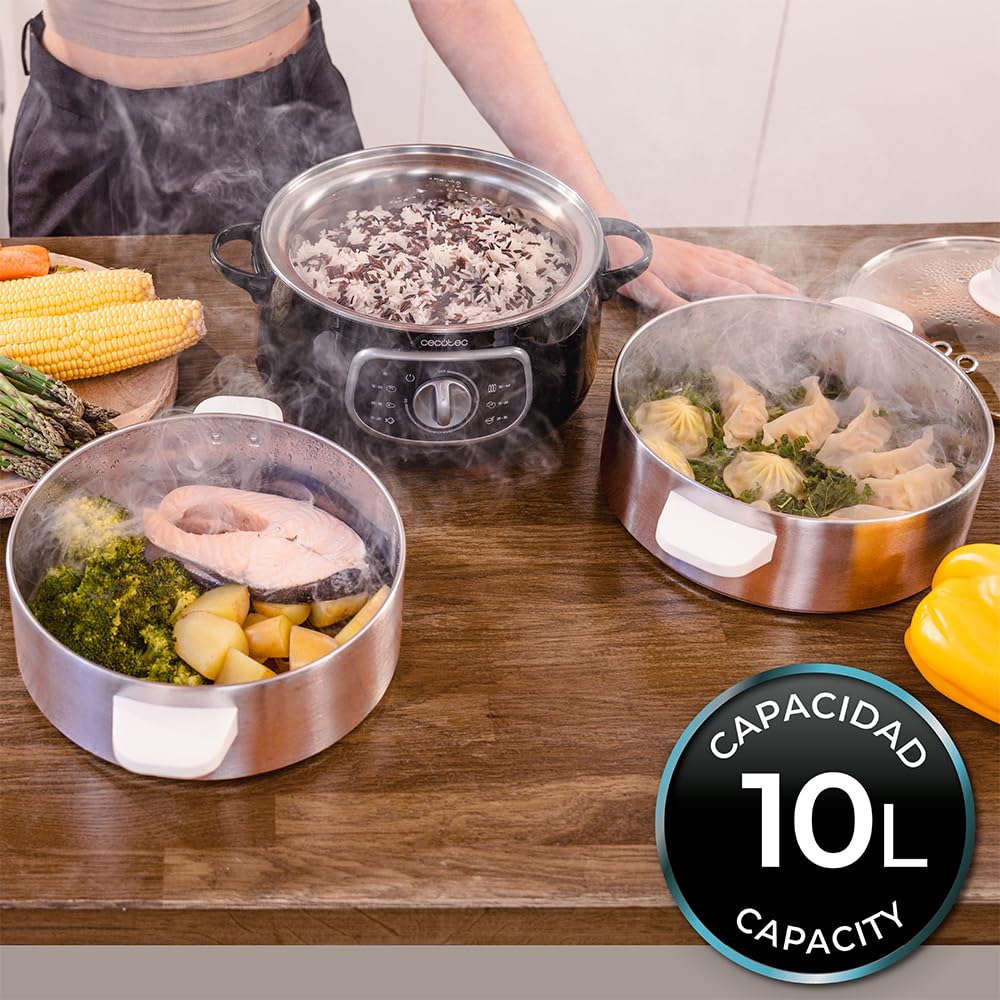 Cecotec Elektrischer Dampfgarer Vapovita Steelpot. Leistung 1300W, Edelstahlbehälter, 10L, einstellbare Zeit, Auto Abschaltung, einfache Reinigung, spezieller Deckel, gesundes Kochen, Sicherheit