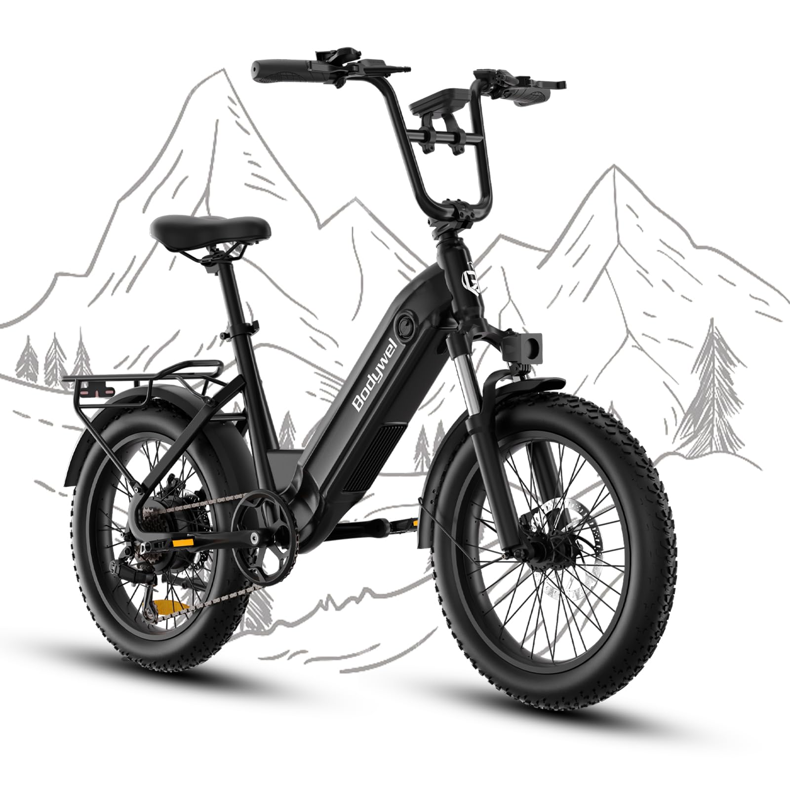 Bodywel F20 Bicicleta Eléctrica, 20x3.0 Fat Bike Todo Terreno Bici Electrica Adultos, 250W 48V 15Ah Batería Extraíble, 7 Velocidades, Horquilla de Suspensión, Montaña E-Bike Pantalla LCD/App