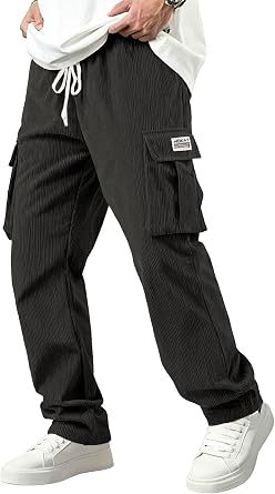 Mens Corduroy Cargo Pants - Comfortable Casual Trousers Elastic Drawstring Waist for Everyday wear and Outdoor