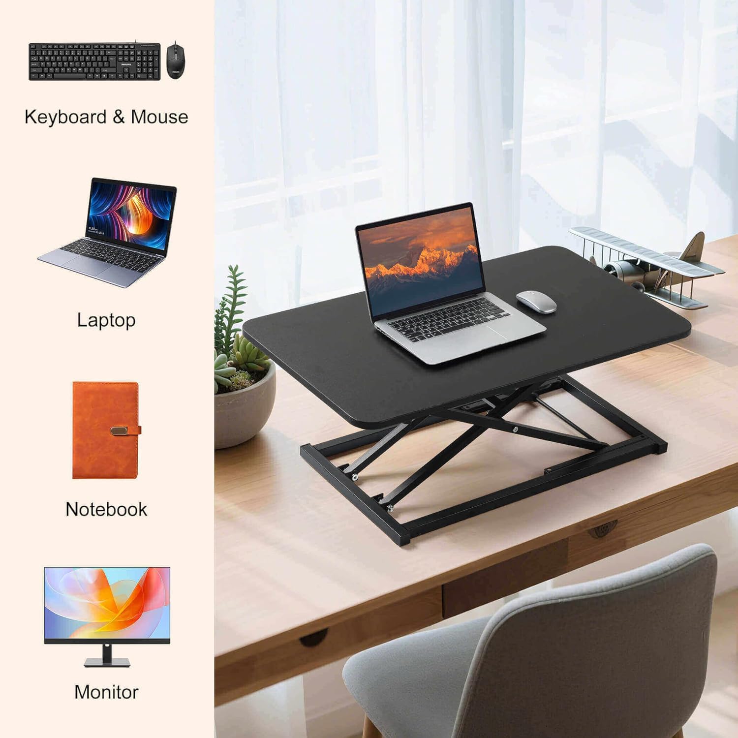 Height Adjustable Standing Desk Converter,Keyboard Riser for Stand Up Desk Riser,Computer Keyboard Stand for Desktop,Computer Workstations Home Office Portable Table Black Size 23.6 Inch