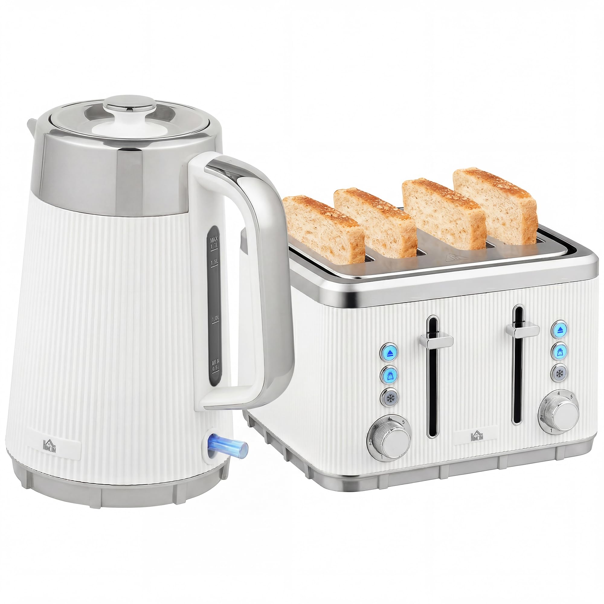 HOMCOM Electric Stainless Steel Kettle and Toaster Set, 3000W 1.7L UK Strix Thermostat Fast Boil Kettle w/Limescale Filter, Cool Touch Body, 4 Slice Toaster with 7 Browning Levels, Crumb Tray, White โ image 1