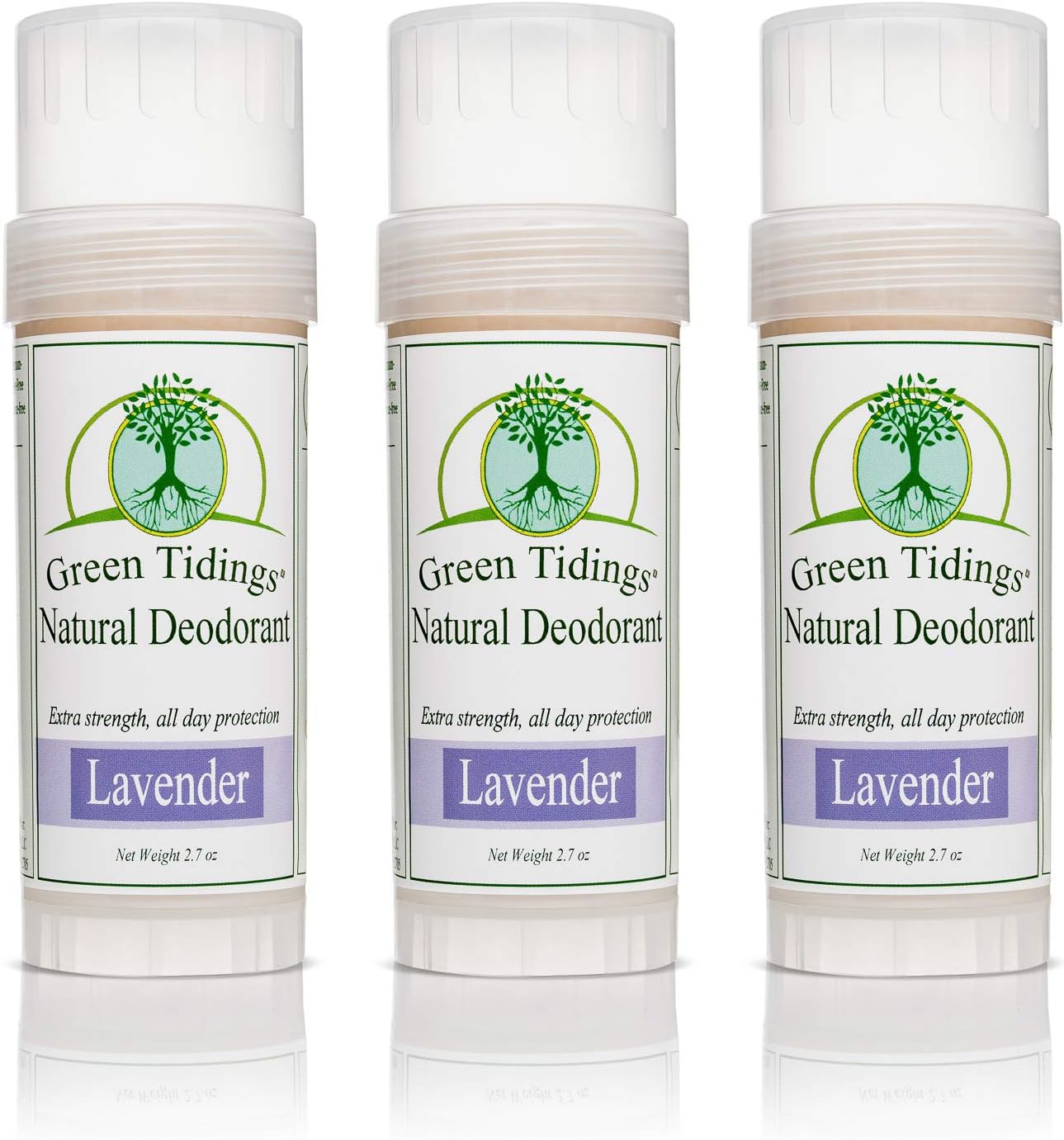 Green Tidings All Natural Deodorant Extra Strength 24 Hour Protection; 2 Sizes; Unscented or Lavender (Vegan Certified Cruelty Free) 2 Ounces Lavender 3 PACK (15% savings) AD
